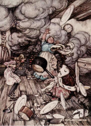 Arthur Rackham - 'An unusually large saucepan flew close by it, and ery nearly carried it off' from ''Alice's Adventure in Wonderland'' (1907)