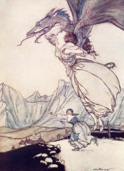 Arthur Rackham - 'The dragon flew out and caught the queen on the road and carried her away' from ''The Allies' Fairy Book'' (1916)