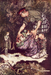 Arthur Rackham - 'In a twinkling the giant put each garden, and orchard, and castle in the bundle as they were before' from ''The Allies' Fairy Book'' (1916)