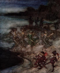 Arthur Rackham - 'And on the Tawny Sands and Shelves, Trip the pert Fairies and the dapper Elves' from ''Comus'' (1921)