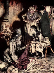 Arthur Rackham - '''What do you call this?'' said Joe. ''Bed-curtains!'' ''Ah!'' returned the woman, laughing ... ''Bed-curtains!'' ''You don't meant to say you took 'em down, rings and all, with him lying there?'' said Joe. ''Yes, I do,'' replied the wooman. ''Why not?''' from ''A Christmas Carol'' (1915), written by Charles Dickens