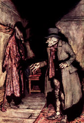 Arthur Rackham - 'Nobody under the bed; nobody in the closet; nobody in his dressing-gown, which was hanging up in a suspicious attitude against the wall' from ''A Christmas Carol'' (1915), written by Charles Dickens