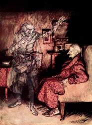 Arthur Rackham - '''How now?'' said Scrooge, caustic and cold as ever. ''What do you want with me?''' from ''A Christmas Carol'' (1915), written by Charles Dickens