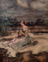 Arthur Rackham - 'She sate down and plaited herself an overall of rushes and a cap to match' from ''English Fairy Tales'' (1918)