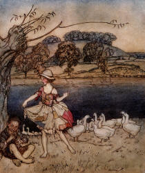 Arthur Rackham - 'Tattercoats dancing while the gooseherd pipes' from ''English Fairy Tales'' (1918)
