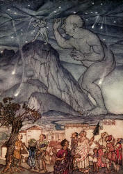 Arthur Rackham - 'Hercules gave a great shrug of his shoulders. It being now twilight, you might have seen two or three stars tumble out of their place' from ''Hawthorne's Wonder Book'' (1922)