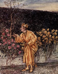 Arthur Rackham - 'He took great pains in going from bush to bush until every individual flower and bud and even the worms at the heart of some of them were changed gold' from ''Hawthorne's Wonder Book'' (1922)