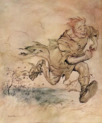 Arthur Rackham - 'The thumping of his bog boots grew as continuous as the pattering of hailstones on a roof, and the wind of his passage blew trees down' from ''Irish Fairy Tales'' (1920)