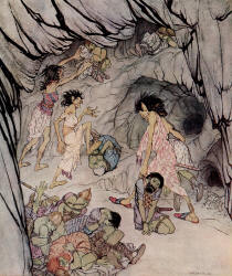 Arthur Rackham - '''This one if fat,'' said Cuillen, and she rolled a bulky Fenian along like a wheel' from ''Irish Fairy Tales'' (1920)