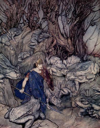 Arthur Rackham - 'In a forked glen into which he slipped at night-fall he was surrounded by giant toads' from ''Irish Fairy Tales'' (1920)