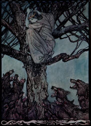Arthur Rackham - 'She looked with angry woe at the straining and snarling horde below' from ''Irish Fairy Tales'' (1920)