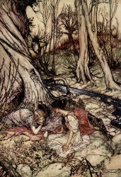 Arthur Rackham - '... where often you and I, Upon faint primrose-beds were wont to lie, Emptying our bosoms of their counsel sweet' from Shakespeare's ''A Midsummer-Night's Dream'' (1908)