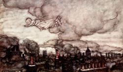 Arthur Rackham - 'Away he flew, right over the houses to the Gardens' from ''Peter Pan in Kensignton Gardens'' (1906)