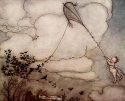 Arthur Rackham - 'A hundred flew off with the string, and Peter clung to the tail' from ''Peter Pan in Kensignton Gardens'' (1906)