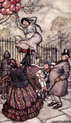 Arthur Rackham - 'The lady with the balloons, who sits just outside' from ''Peter Pan in Kensignton Gardens'' (1906)