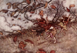Arthur Rackham - 'There is almost nothing that has such a keen sense of fun as a fallen leaf' from ''Peter Pan in Kensignton Gardens'' (1906)