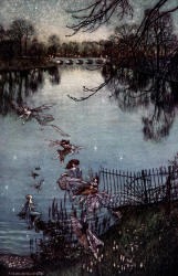 Arthur Rackham - 'The Serpentine is a lovely lake, and there is a drowned forest at the bottom of it. If you peer over the edge you can see the trees all growing upside down, and they say that at night there are also drowned stars in it' from ''Peter Pan in Kensignton Gardens'' (1906)
