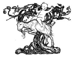 Arthur Rackham - monotone illustration entitled ''Peter's Goat'' from ''Peter Pan in Kensington Gardens''