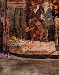 Arthur Rackham - 'How King Arthur and Queen Guenever went to see the barge that bore the corpse of Elaine the Fair Maiden of Astolat' from ''The Romance of King Arthur and His Knights of the Round Table'' (1917)
