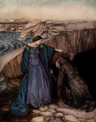 Arthur Rackham - 'How by her subtle working she made Merlin to go under the stone to let her wit of the marvels there: and she wrought so there for him that he came never out for all the craft he could do' from ''The Romance of King Arthur and His Knights of the Round Table'' (1917)