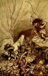 Arthur Rackham - 'Alberich drives in a band of Nibelungs laden with gold and silver treasure' from ''The Rhinegold & The Valkyrie'' (1910), written by Richard Wagner