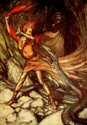 Arthur Rackham - 'Ohe! Ohe! Horribel dragon, O swallow me not! Spare the life of poor Loge!' from ''The Rhinegold & The Valkyrie'' (1910), written by Richard Wagner