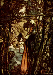 Arthur Rackham - 'Brunnhilde slowly and silenty leads her horse down the path to the cave' from ''The Rhinegold & The Valkyrie'' (1910), written by Richard Wagner