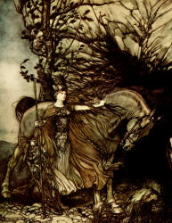 Arthur Rackham - 'Brunnhilde with her horse, at the mouth of the cave' from ''The Rhinegold & The Valkyrie'' (1910), written by Richard Wagner