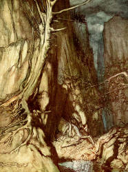 Arthur Rackham - 'There as a dread, Dragon he sojourns, And in a cave, Keeps watch over Alberich's ring' from ''The Rhinegold & The Valkyrie'' (1910), written by Richard Wagner