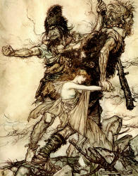Arthur Rackham - 'Fasolt suddenly seizes Freia and drags her to one side with Fafner' from ''The Rhinegold & The Valkyrie'' (1910), written by Richard Wagner