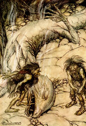 Arthur Rackham - 'The dwarfs quarrelling over the body of Fafner' from ''Siegfried & The Twilight of the Gods'' (1911), written by Richard Wagner
