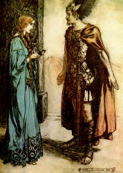 Arthur Rackham - 'Siegfried hands the drinking horn back to Gutrune, and gazes at her with sudden passion' from ''Siegfried & The Twilight of the Gods'' (1911), written by Richard Wagner