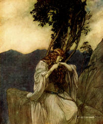 Arthur Rackham - 'Brunnhilde kisses the rung that Siegfried has left with her' from ''Siegfried & The Twilight of the Gods'' (1911), written by Richard Wagner