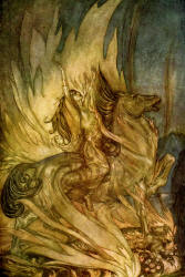 Arthur Rackham - 'Brunnhilde on Grane leaps on to the funeral pyre of Siegfried' from ''Siegfried & The Twilight of the Gods'' (1911), written by Richard Wagner