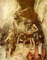 Arthur Rackham - 'Mime and the infant Siegfried' from ''Siegfried & The Twilight of the Gods'' (1911), written by Richard Wagner