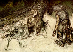 Arthur Rackham - 'Mime finds the mother of Siegfried in the forest' from ''Siegfried & The Twilight of the Gods'' (1911), written by Richard Wagner