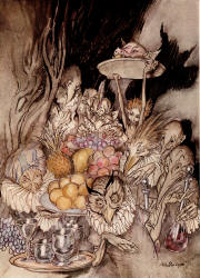 Arthur Rackham - 'Enter several strange Shapes, bringing in a banquet ... inviting the King, etc., to eat' from ''The Tempest'' (1926)
