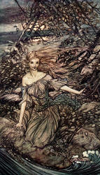 Arthur Rackham - 'He saw by the moonlight momentarily unveiled, a little island encircled by the flood; and there under the branches of the overhanging trees was Undine' from ''Undine'' (1909)