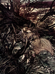 Arthur Rackham - 'The Knight took the beautiful girl in his arms and bore her over the narrow space where the stream had divided her little island from the shore' from ''Undine'' (1909)