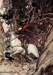 Arthur Rackham - 'He held up the gold piece, crying at each leap of his, ''False gold! false coin! false coin!''' from ''Undine'' (1909)