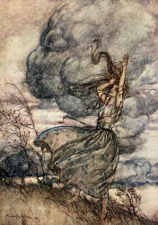 Arthur Rackham - 'When the storm threatned to burst on their heads, she uttered a laughing reproof to the clouds. ''Come, come,'' said she, ''look to it that you wet us not''' from ''Undine'' (1909)