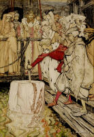 Arthur Rackham's ''How Galahad drew out the sword from the floating stone at Camelot'' for ''The Romance of King Arthur and His Knights of the Round Table''