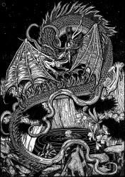 Dugald Stewart Walker's 'The great dragon, hoarding his treasures, raised his head to look at them' from the tale 'The Marsh King's Daughter' in ''Fairy Tales from Hans Christian Andersen''