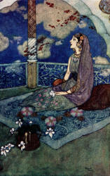 Edmund Dulac - 'And ever with the tears falling down from her eyes she sighed and sang' from ''Stories from The Arabian Nights'' (1907)