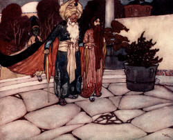 Edmund Dulac - 'And taking her hand he led her to the apartments of the Queen Pirouze' from ''Stories from The Arabian Nights'' (1907)
