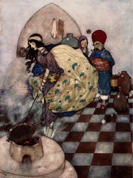 Edmund Dulac - 'Thereupon the damsel upset the pan into the fire' from ''Stories from The Arabian Nights'' (1907)