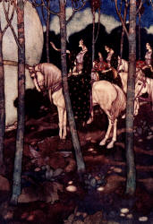 Edmund Dulac - 'After these, maidens on white horses, with heads unveiled, bearing in their hands baskets of precious stones' from ''Stories from The Arabian Nights'' (1907)
