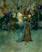 Edmund Dulac's ''Beauty discovers a room in the castle which is full of screaming parrots' for ''Beauty and the Beast''