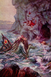 Frank C Pape's 'The King of the Sea saved him as he was falling' from 'Axim's Reward' in ''The Ruby Fairy Book''