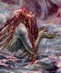 Detail from Frank C Pape's 'The King of the Sea saved him as he was falling' from 'Axim's Reward' in ''The Ruby Fairy Book''